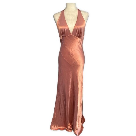 Enssi Solid Peach Pink Satin Halter V Neck Formal Maxi Dress 8 Medium - Picture 1 of 4